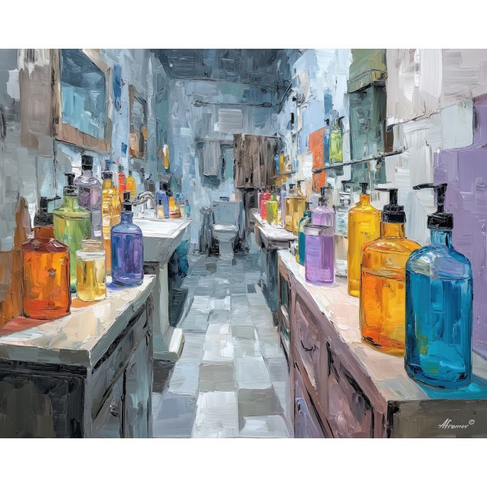 dense, charged, space, funny bathroom, palette knife, oil painting, impasto, thick paint, textured surface, expressive art, painterly style, material depth, visual rhythm, hand painted, layered pigment, atmospheric, fine art, contemporary painting