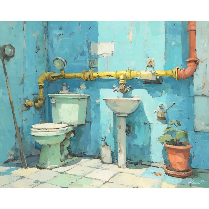 quiet, state, funny bathroom, palette knife, oil painting, impasto, thick paint, textured surface, expressive art, painterly style, material depth, visual rhythm, hand painted, layered pigment, atmospheric, fine art, contemporary painting