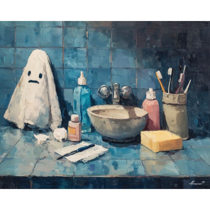 tense, odd, shift, funny bathroom, palette knife, oil painting, impasto, thick paint, textured surface, expressive art, painterly style, material depth, visual rhythm, hand painted, layered pigment, atmospheric, fine art, contemporary painting