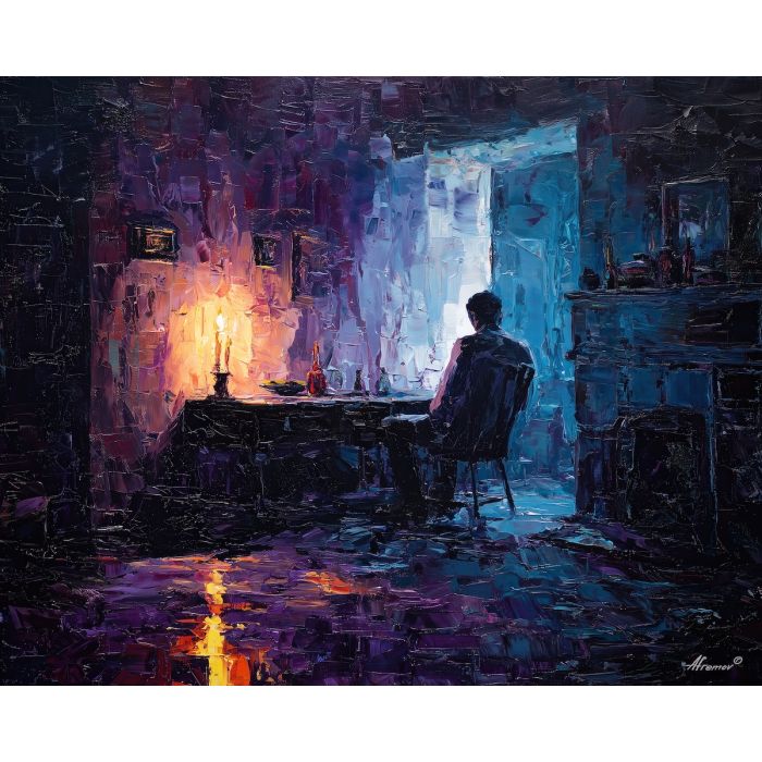 strange, depth, vampire, palette knife, oil painting, impasto, thick paint, textured surface, expressive art, painterly style, material depth, visual rhythm, hand painted, layered pigment, atmospheric, fine art, contemporary painting