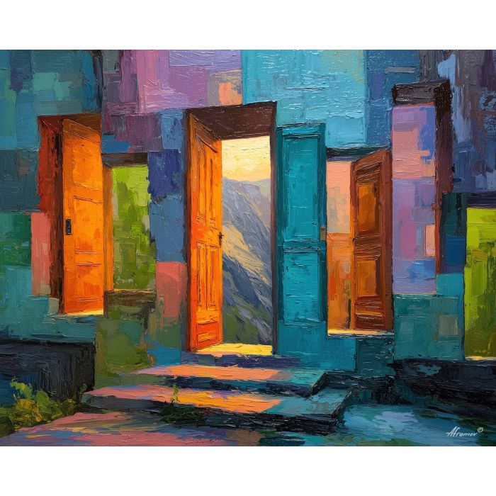 tense, shift, alice in wonderland, palette knife, oil painting, impasto, thick paint, textured surface, expressive art, painterly style, material depth, visual rhythm, hand painted, layered pigment, atmospheric, fine art, contemporary painting