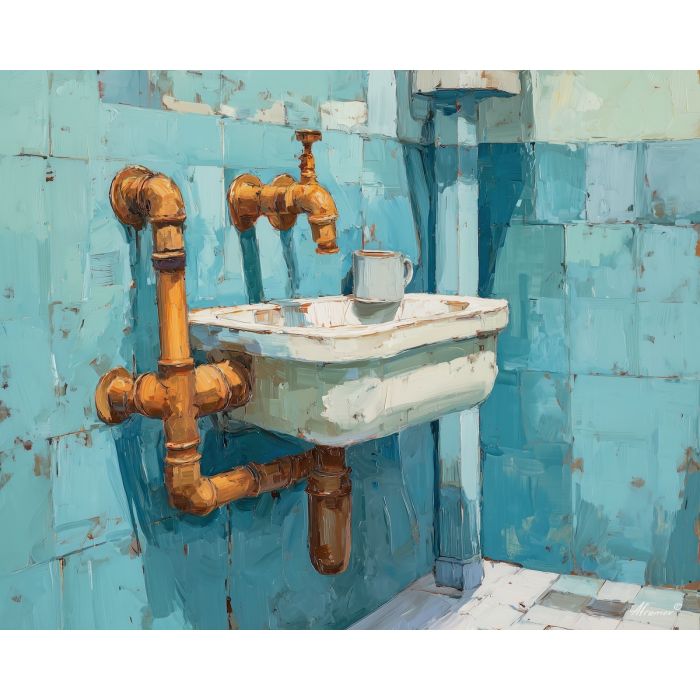 subtle, balance, funny bathroom, palette knife, oil painting, impasto, thick paint, textured surface, expressive art, painterly style, material depth, visual rhythm, hand painted, layered pigment, atmospheric, fine art, contemporary painting