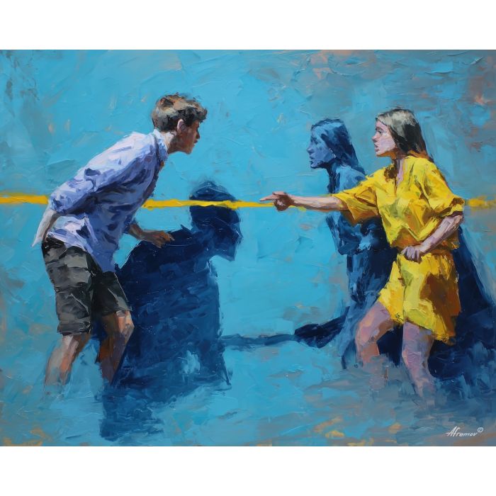 focused, sharp, tension, alice in wonderland, palette knife, oil painting, impasto, thick paint, textured surface, expressive art, painterly style, material depth, visual rhythm, hand painted, layered pigment, atmospheric, fine art, contemporary painting