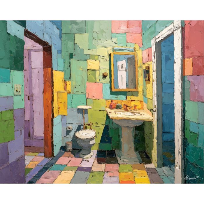 broken, still, focus, funny bathroom, palette knife, oil painting, impasto, thick paint, textured surface, expressive art, painterly style, material depth, visual rhythm, hand painted, layered pigment, atmospheric, fine art, contemporary painting