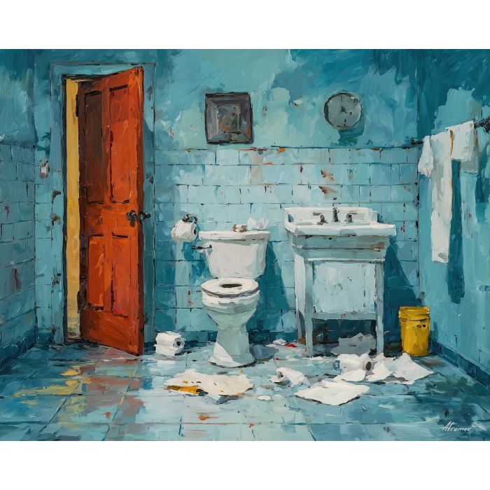 tense, silent, motion, funny bathroom, palette knife, oil painting, impasto, thick paint, textured surface, expressive art, painterly style, material depth, visual rhythm, hand painted, layered pigment, atmospheric, fine art, contemporary painting