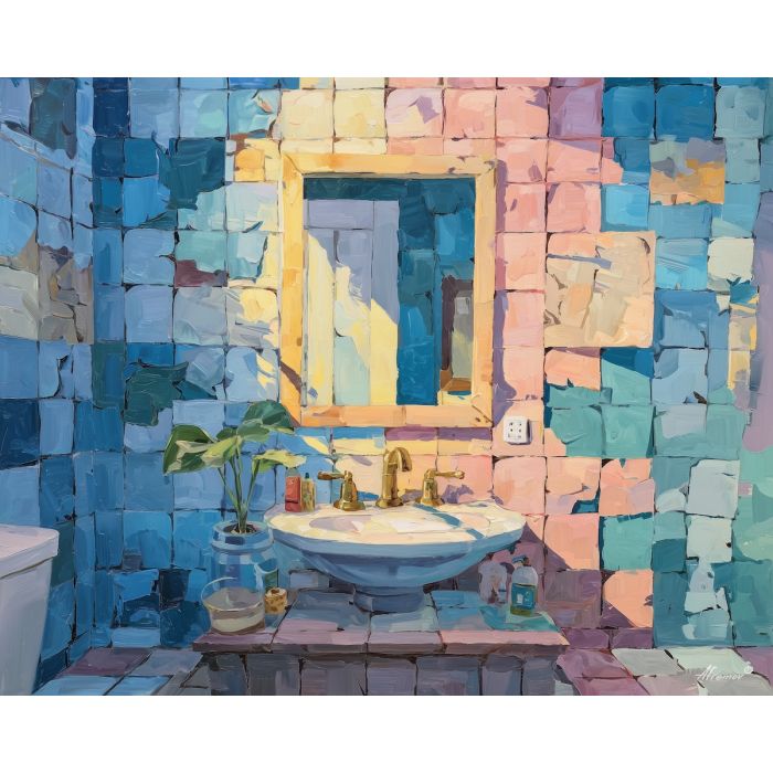light, hidden, frame, funny bathroom, palette knife, oil painting, impasto, thick paint, textured surface, expressive art, painterly style, material depth, visual rhythm, hand painted, layered pigment, atmospheric, fine art, contemporary painting