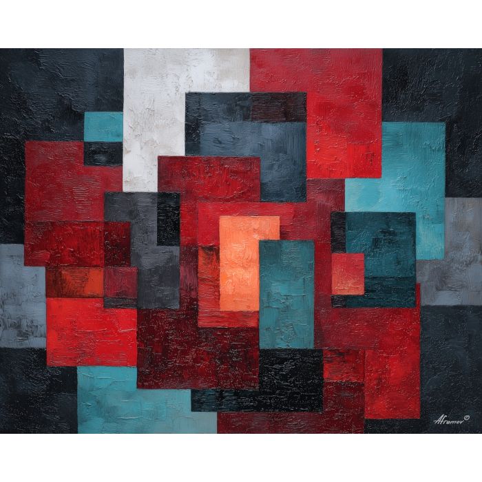 dark, space, geometric abstract, palette knife, oil painting, impasto, thick paint, textured surface, expressive art, painterly style, material depth, visual rhythm, hand painted, layered pigment, atmospheric, fine art, contemporary painting