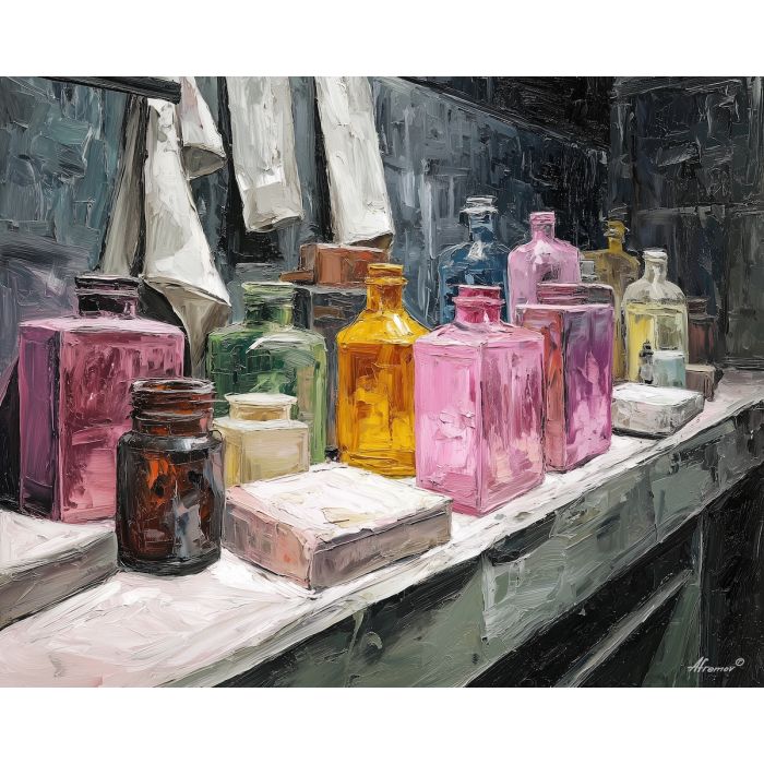 dark, moment, funny bathroom, palette knife, oil painting, impasto, thick paint, textured surface, expressive art, painterly style, material depth, visual rhythm, hand painted, layered pigment, atmospheric, fine art, contemporary painting