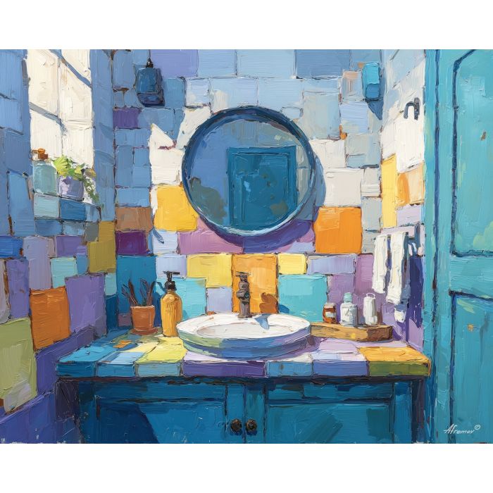 light, form, funny bathroom, palette knife, oil painting, impasto, thick paint, textured surface, expressive art, painterly style, material depth, visual rhythm, hand painted, layered pigment, atmospheric, fine art, contemporary painting