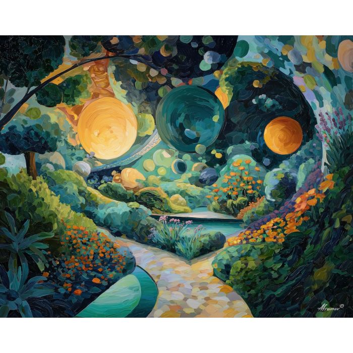 focused, shift, alice in wonderland, palette knife, oil painting, impasto, thick paint, textured surface, expressive art, painterly style, material depth, visual rhythm, hand painted, layered pigment, atmospheric, fine art, contemporary painting