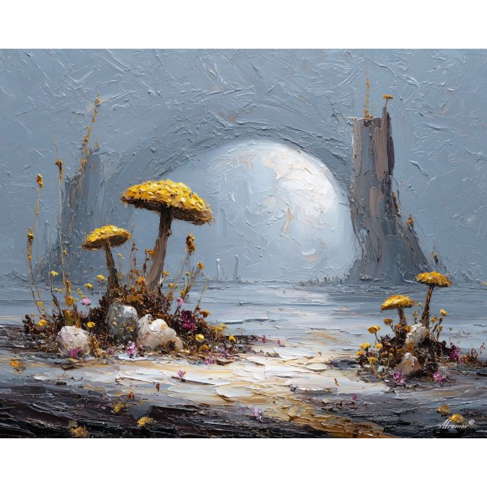 heavy, gentle, edge, alice in wonderland, palette knife, oil painting, impasto, thick paint, textured surface, expressive art, painterly style, material depth, visual rhythm, hand painted, layered pigment, atmospheric, fine art, contemporary painting