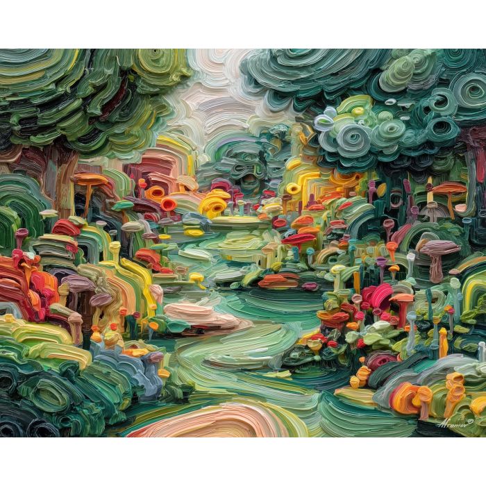 focused, tension, alice in wonderland, palette knife, oil painting, impasto, thick paint, textured surface, expressive art, painterly style, material depth, visual rhythm, hand painted, layered pigment, atmospheric, fine art, contemporary painting