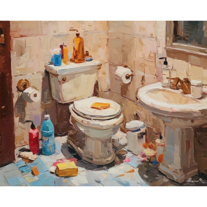 tense, trace, funny bathroom, palette knife, oil painting, impasto, thick paint, textured surface, expressive art, painterly style, material depth, visual rhythm, hand painted, layered pigment, atmospheric, fine art, contemporary painting