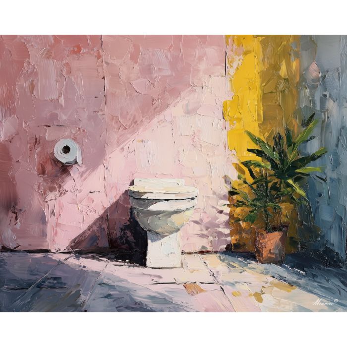 calm, dark, frame, funny bathroom, palette knife, oil painting, impasto, thick paint, textured surface, expressive art, painterly style, material depth, visual rhythm, hand painted, layered pigment, atmospheric, fine art, contemporary painting