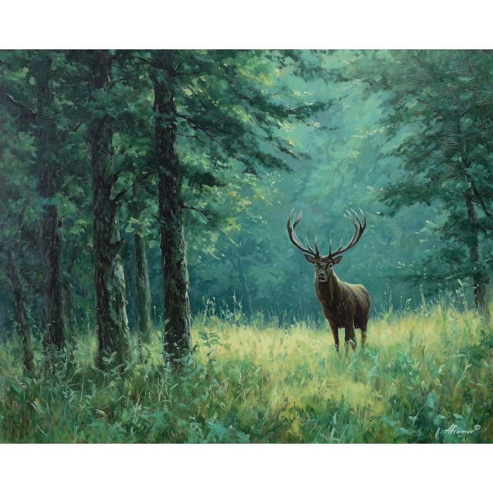 wood stag,elemental animal,forest glade,oil painting