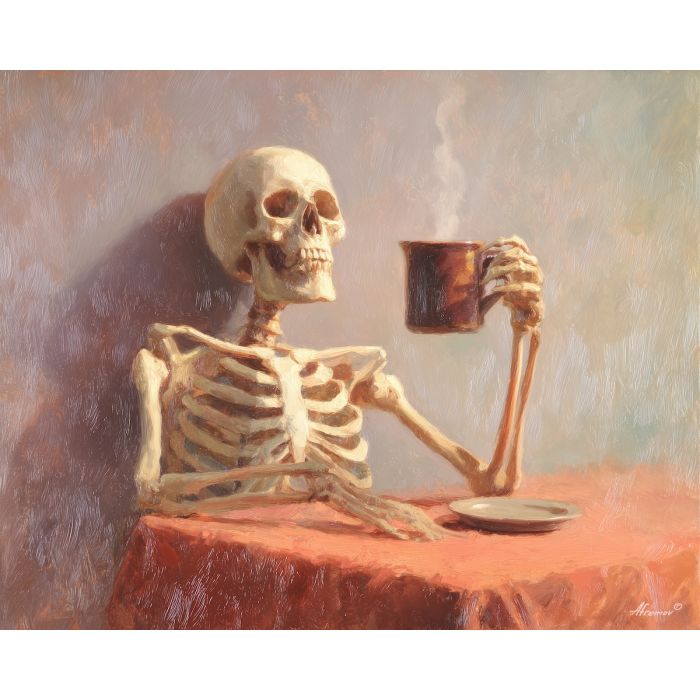 skeleton coffee,cozy moment,oil painting