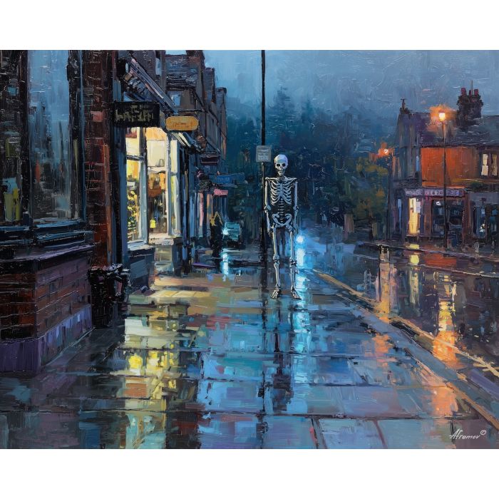 skeleton rain,street scene,oil painting