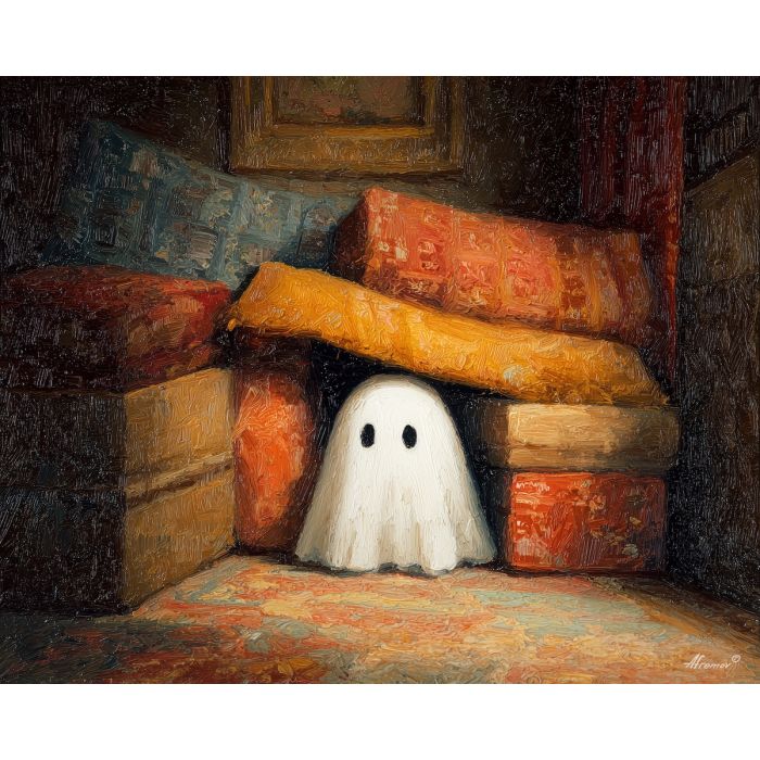 cute ghost,pillow fort,cozy room,oil painting