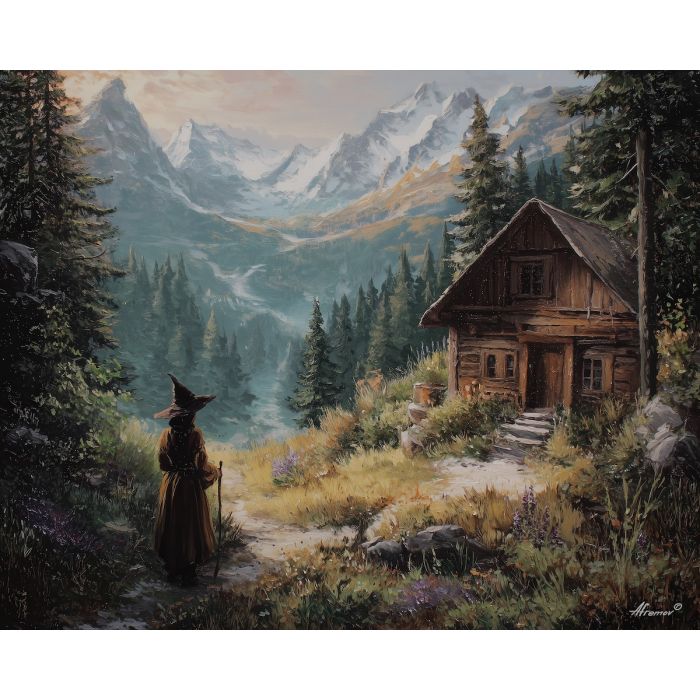 witch mountain,cabin solitude,oil painting