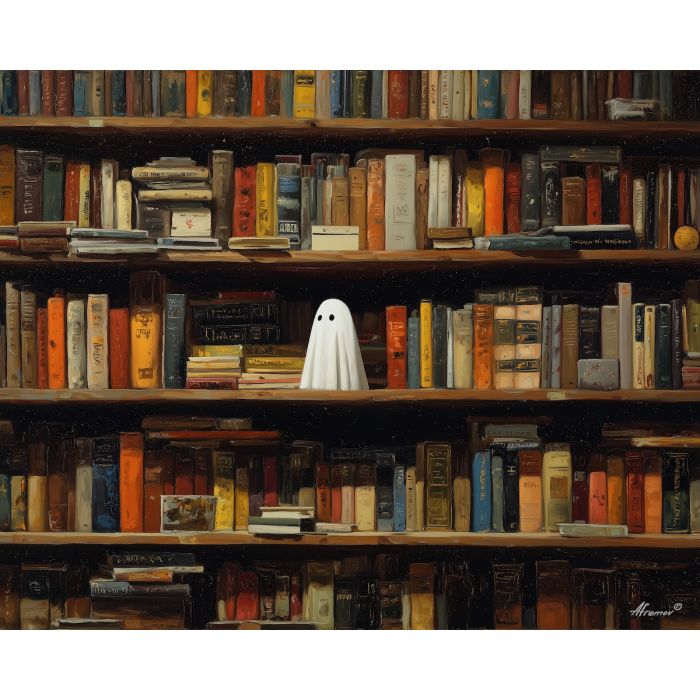 cute ghost,bookstore spirit,cozy books,oil painting