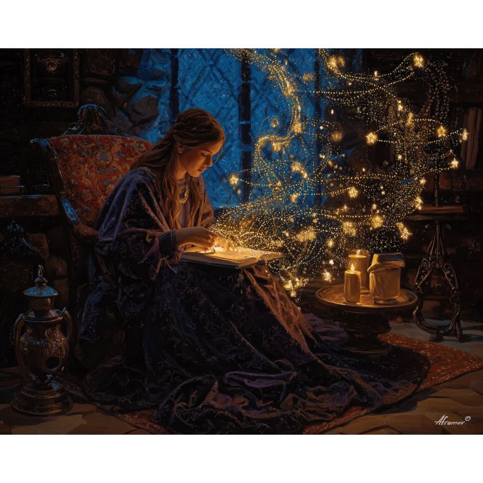 witch starlight,weaving magic,oil painting