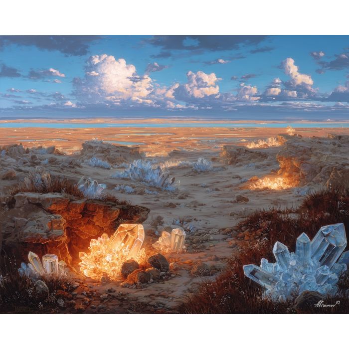 fire crystal element,open plains,warm glow,oil painting