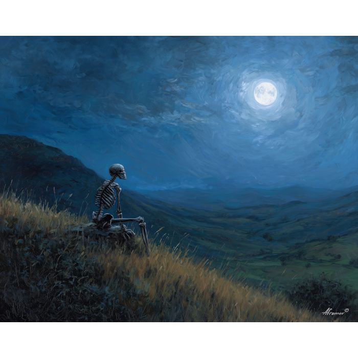 skeleton night,moon scene,quiet landscape,oil painting