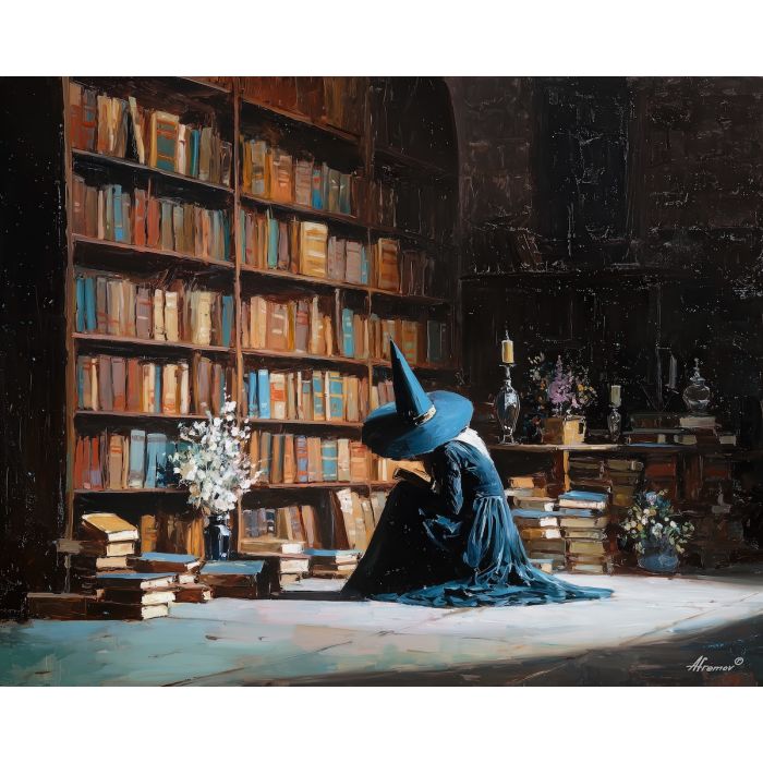 witch library,old books,quiet study,oil painting
