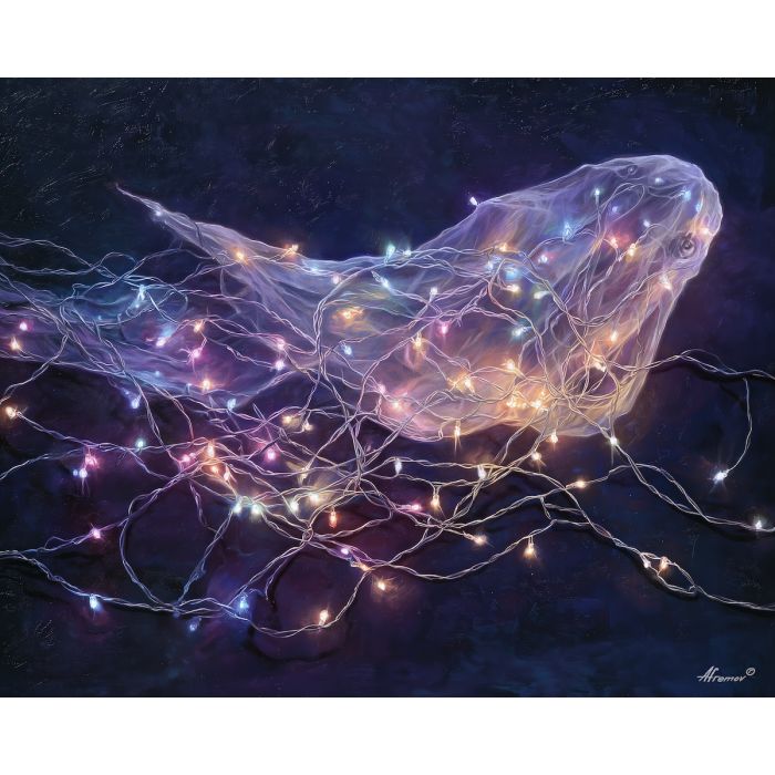 cute ghost,fairy lights,soft glow,oil painting