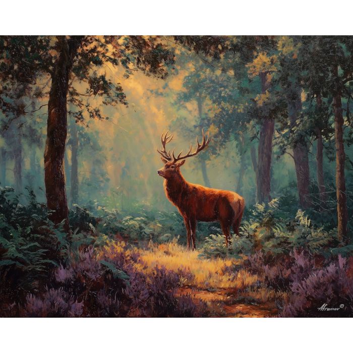 fire nature element,ember stag,forest clearing,oil painting