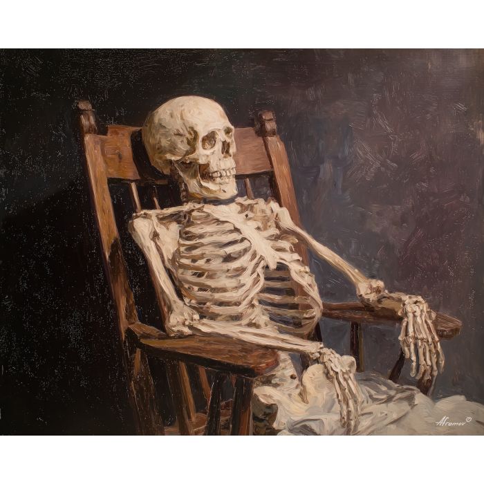 skeleton chair,quiet interior,oil painting
