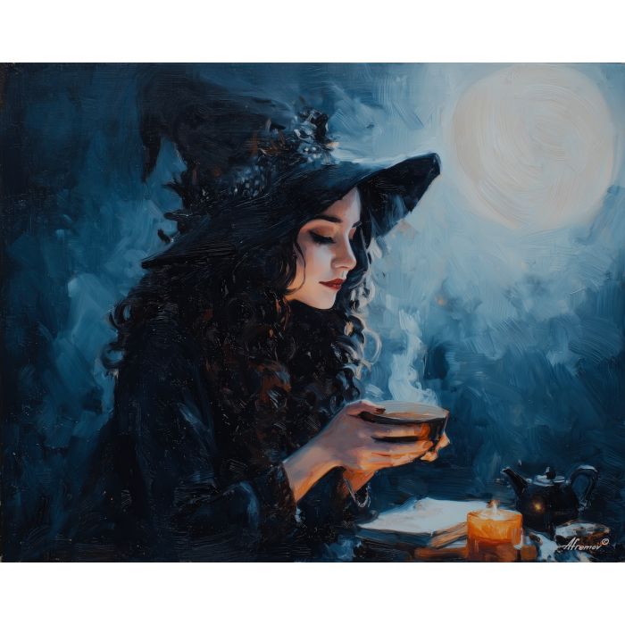 witch tea,moonlight ritual,soft magic,oil painting