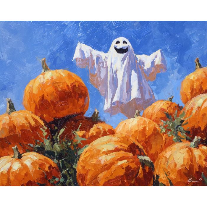 cute ghost,pumpkin patch,soft glow,oil painting