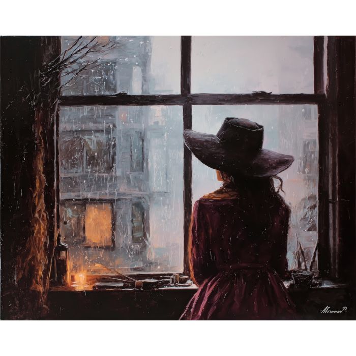 witch rain,window scene,quiet magic,oil painting