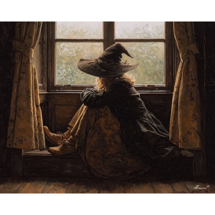 witch window seat,quiet room,oil painting