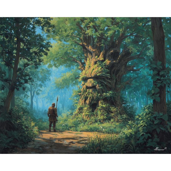 wood guardian,tree being,forest clearing,oil painting