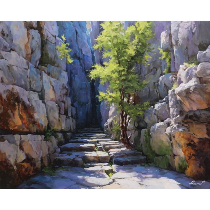 wood element,green canyon,vines stone,oil painting