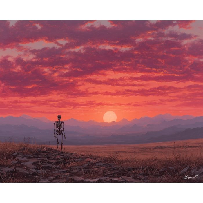 skeleton sunset,open field,oil painting