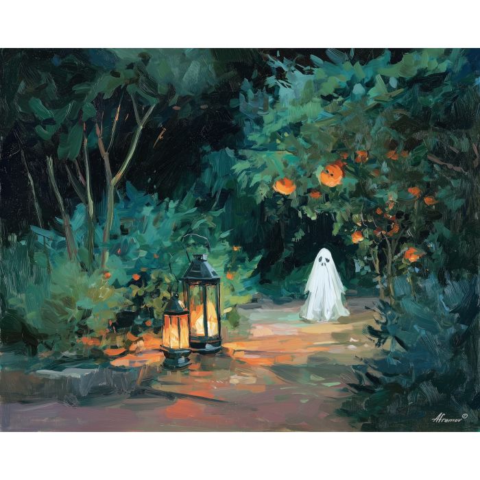 cute ghost,garden lanterns,soft light,oil painting