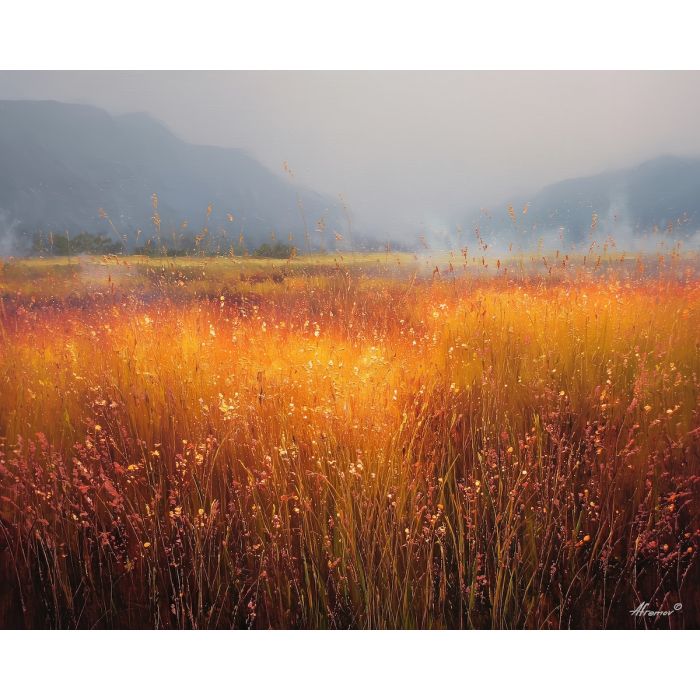 fire nature element,glowing meadow,soft warmth,oil painting