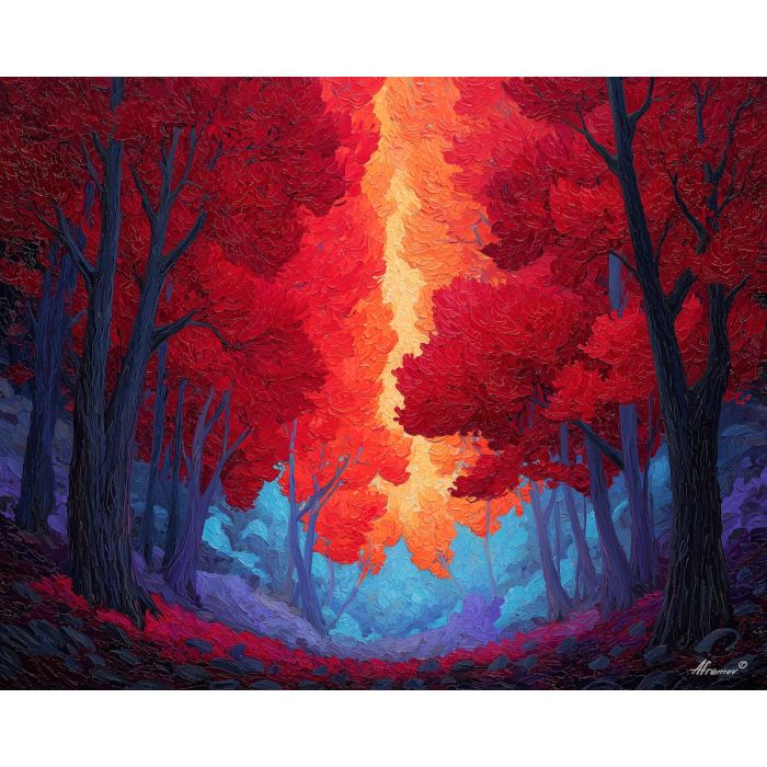 fire nature element,glowing leaves,forest grove,oil painting