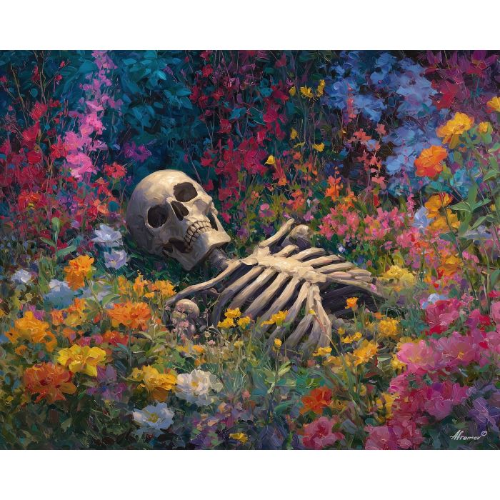 skeleton figure,flowers bones,calm scene,oil painting