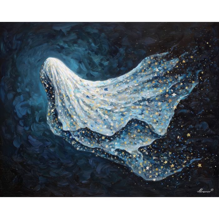 cute ghost,star cocoon,night glow,oil painting