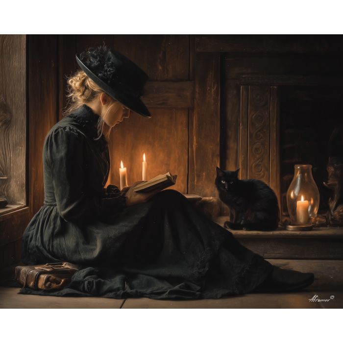 witch candlelight,black cat,quiet study,oil painting