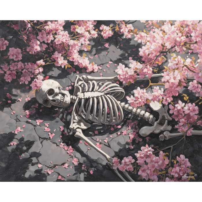 skeleton blossoms,nature cycle,oil painting
