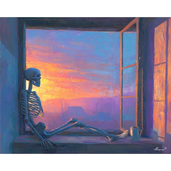 skeleton sunrise,window light,oil painting