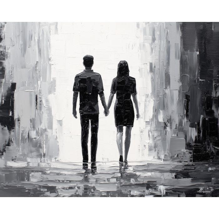 near, harmony, saint valentine, love theme, couple, togetherness, romantic scene, palette knife, oil painting, impasto, thick paint, textured surface, emotional art, symbolic, intimacy, pairing, connection