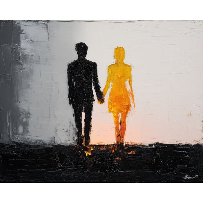 balanced, interval, saint valentine, love theme, couple, togetherness, romantic scene, palette knife, oil painting, impasto, thick paint, textured surface, emotional art, symbolic, intimacy, pairing, connection