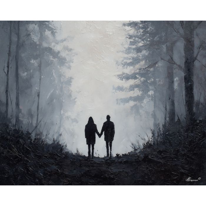 bound, resting, union, saint valentine, love theme, couple, togetherness, romantic scene, palette knife, oil painting, impasto, thick paint, textured surface, emotional art, symbolic, intimacy, pairing, connection