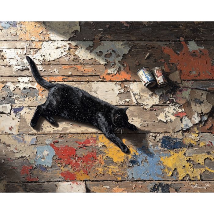 tense, broken, outline, black cat, palette knife, oil painting, impasto, thick paint, textured surface, expressive art, painterly style, material depth, visual rhythm, hand painted, layered pigment, atmospheric, fine art, contemporary painting